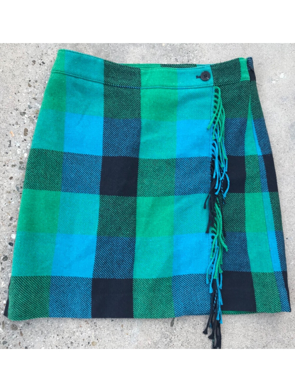 New TALBOTS Green Fringe Plaid Wrap Wool Blend Skirt Frosted Plaid Color Sz 10P